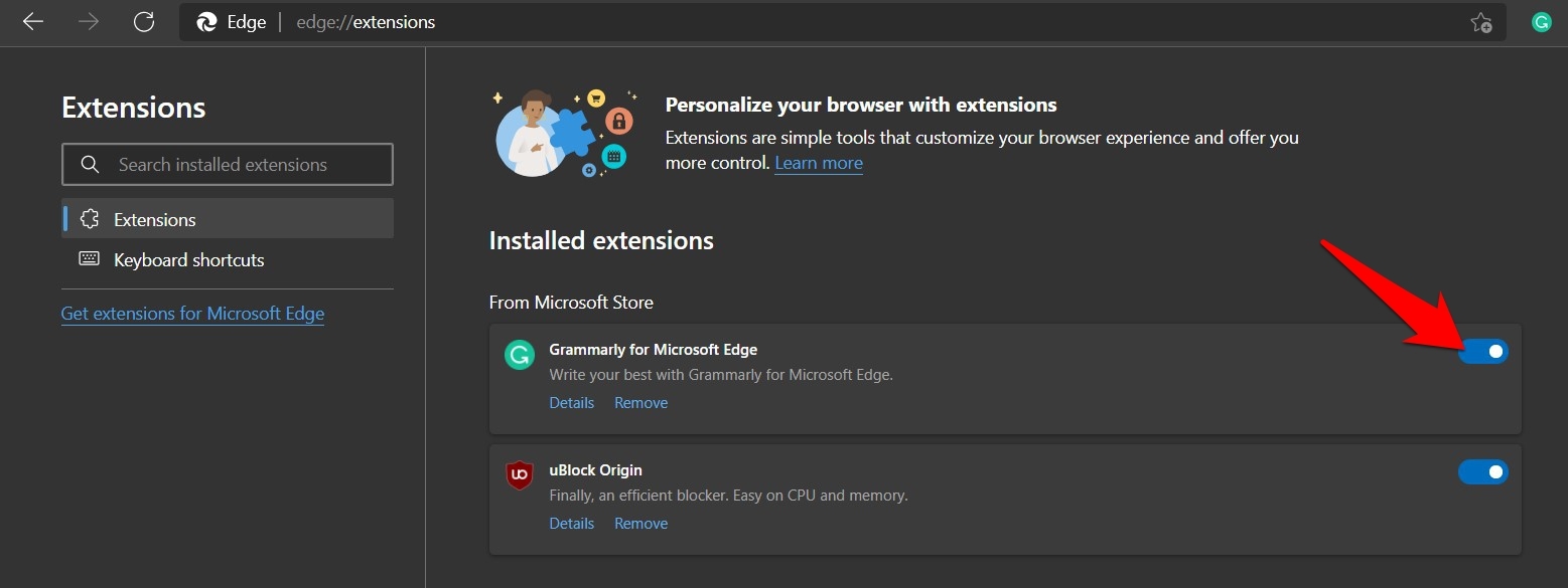 Toggle button to enable and disable the Edge browser extensions