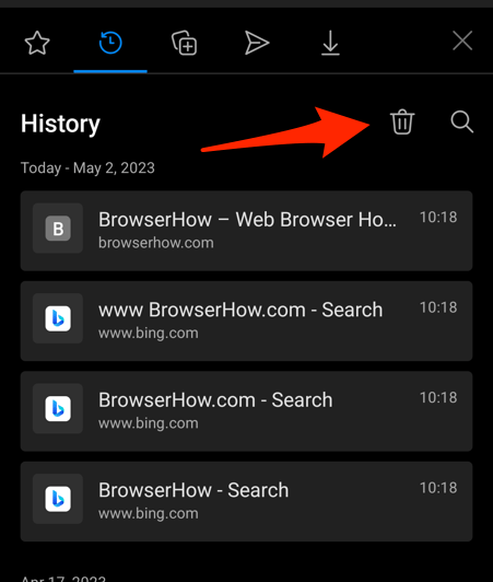 Trash icon on History Page in Edge Android