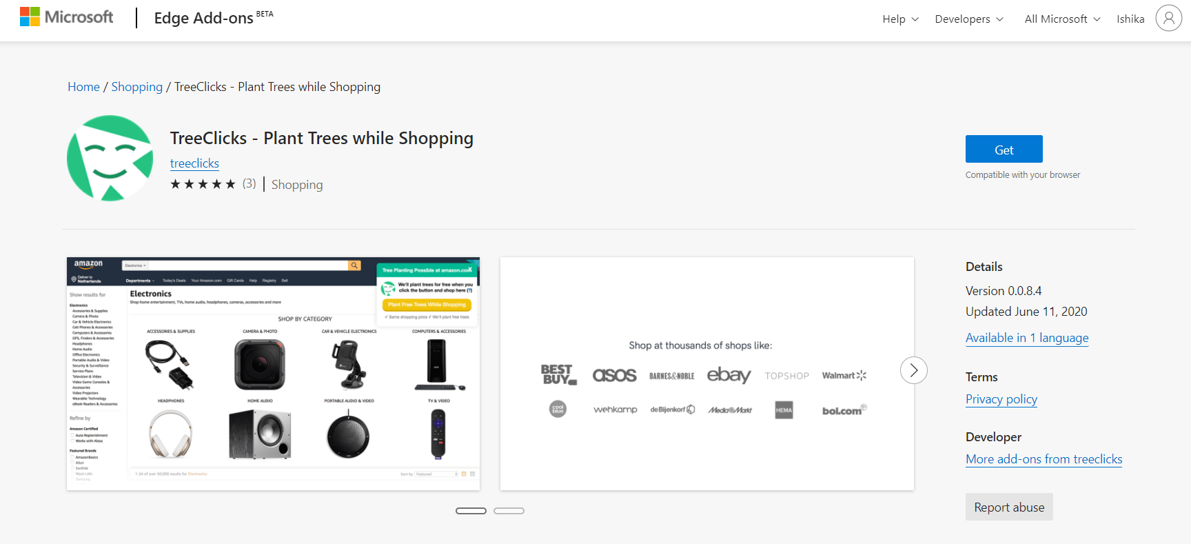 TreeClicks Plant Trees while shopping Microsoft Edge extension