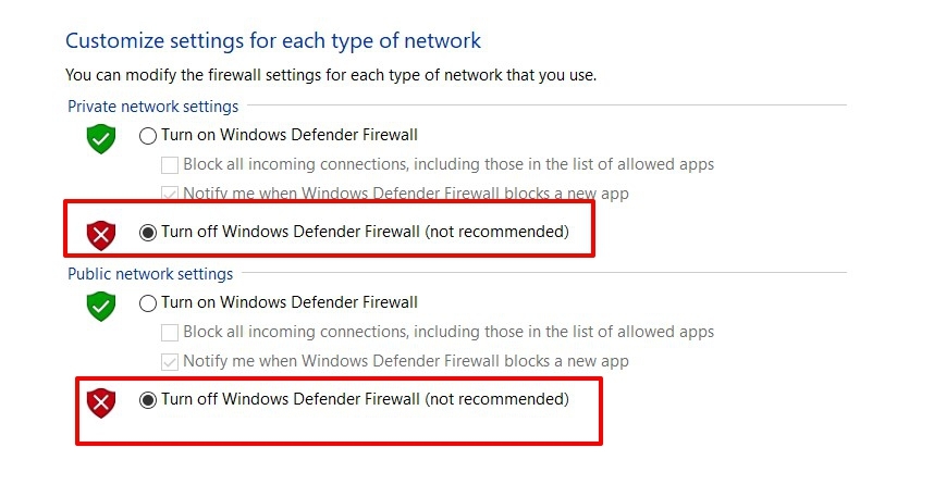 Turn off Windows Defender Firewall on OS