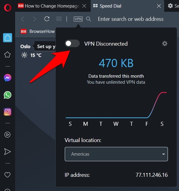 Turn off to disconnect the Opera VPN service