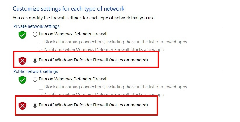 Turn off windows defender firewall for public and private