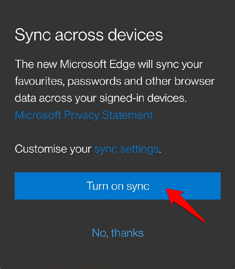 Turn on Sync in Microsoft Edge Chromium Android