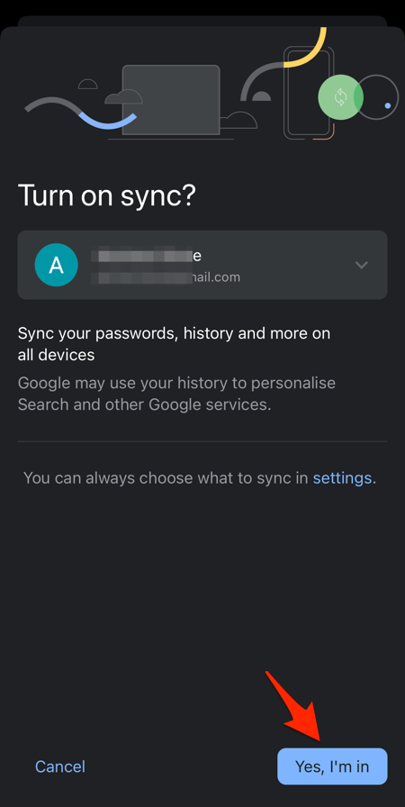 Turn on Sync page Yes I am in button on Chrome for iOS device