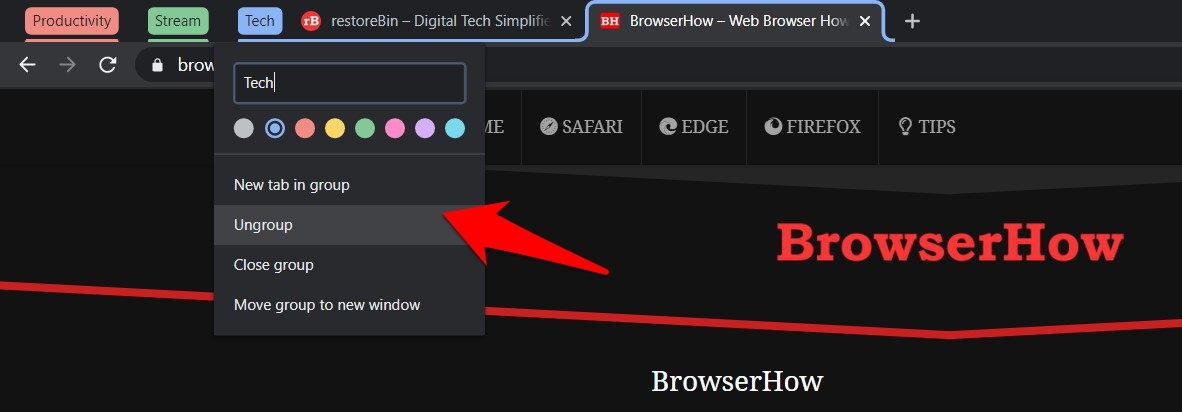 Ungroup tabs in chrome