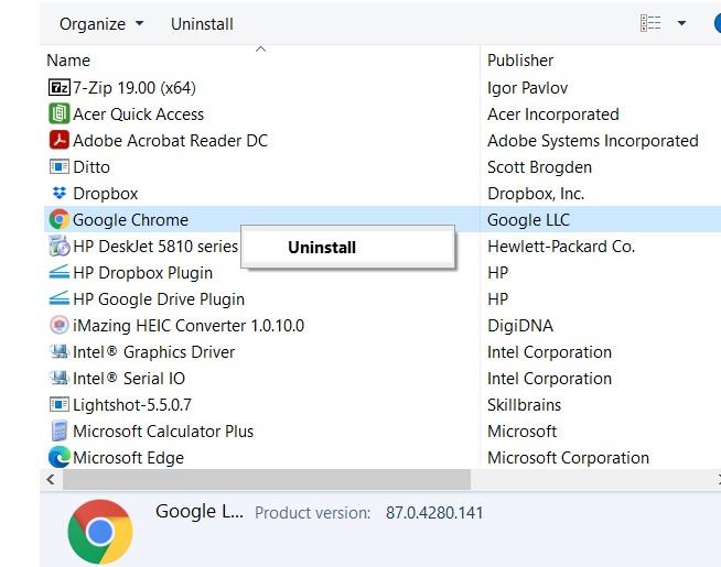 Uninstall Google Chrome from Windows