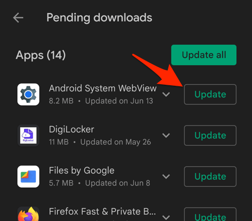 Update Android System WebView under Pending Downloads on Google Play store