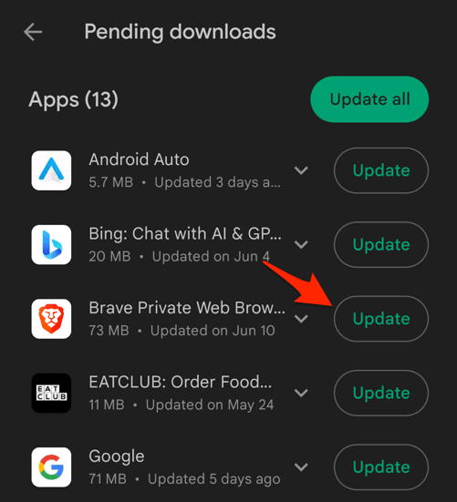 Update Brave browser from pending downloads on Android Play Store