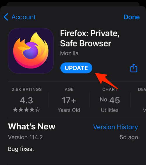 Update Firefox browser app on iPhone in Apple App Store