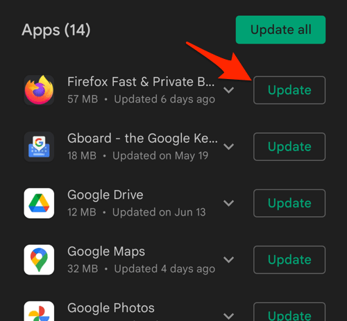 Update Firefox browser on Google Play Store Available Updates section