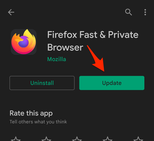Update Firefox browser on Google Play Store on App Details page