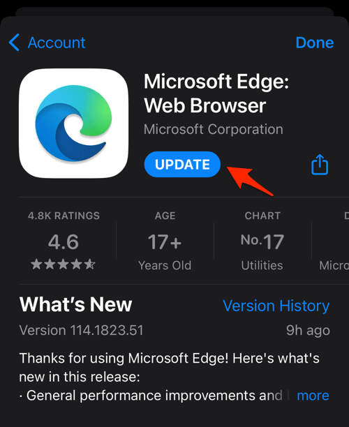 Update Microsoft Edge browser in App Store on iPhone