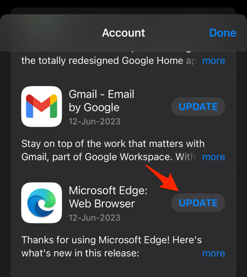 Update Microsoft Edge browser on iPhone device