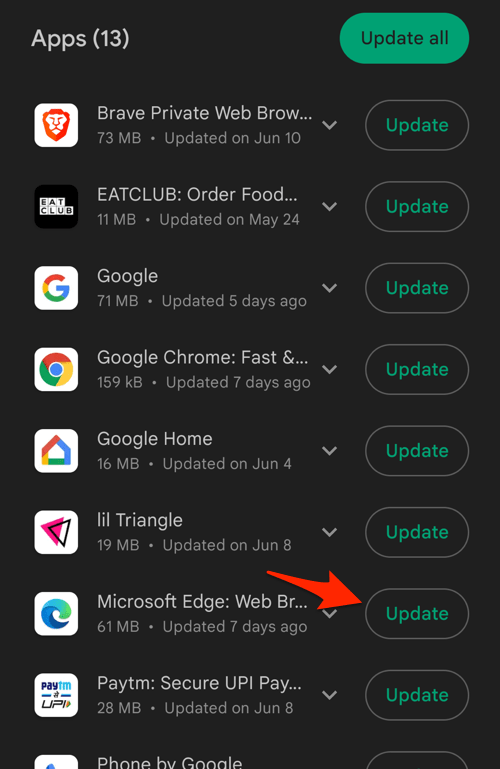 Update Microsoft Edge from pending downloads on Android Play Store