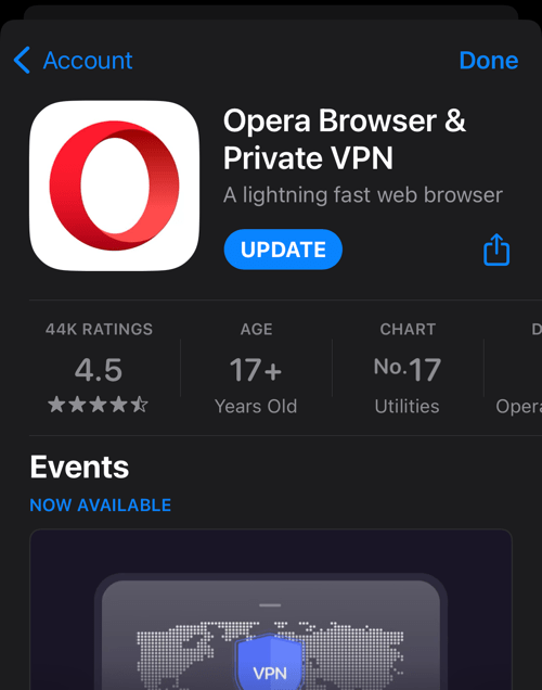 Update Opera browser from App Details page on iPhone