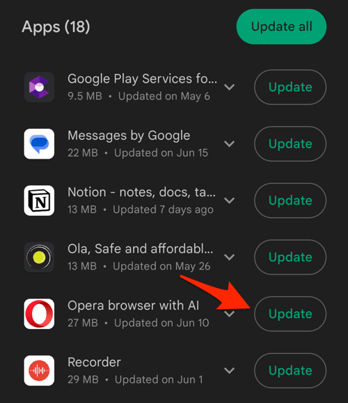 Update Opera browser via Play Store on Android