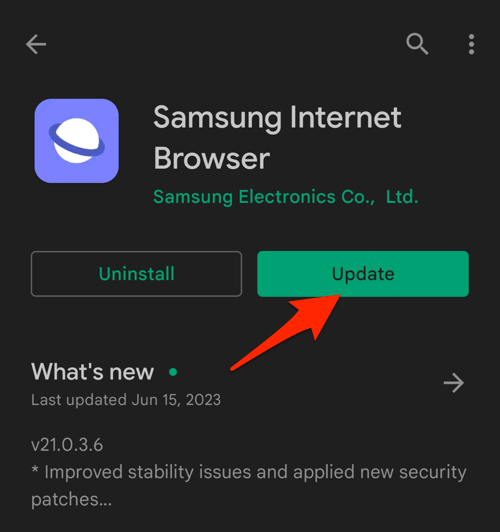Update Samsung Internet from Android Play Store App Details page