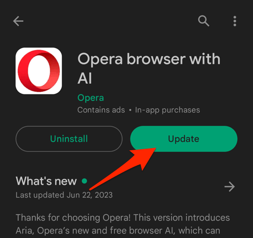 Update button for Opera browser in Play Store using Apps Details