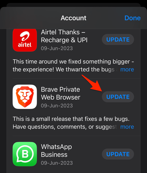 Update command for Brave app under Available Updates on iPhone App Store