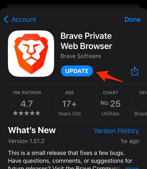 Update command for Brave browser on iPhone in App Store