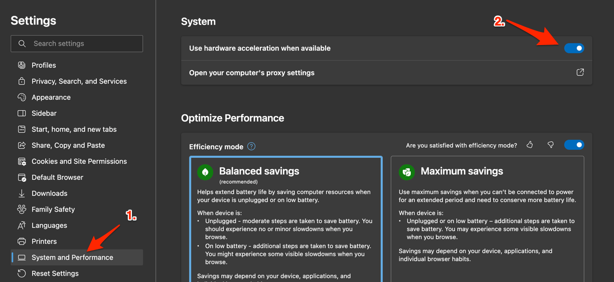 Use hardware acceleration when available option in Edge browser on computer