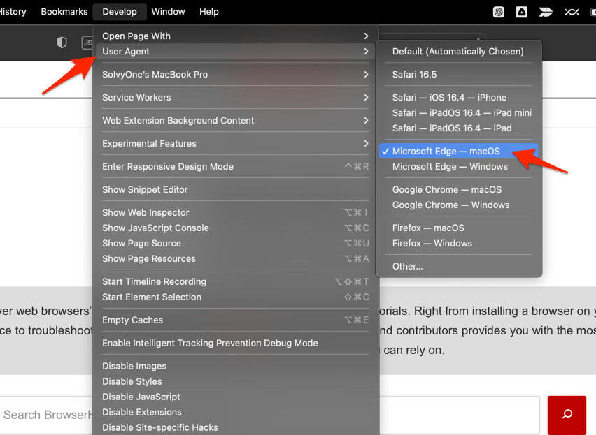 User Agent under Develop menu on Safari macOS browser