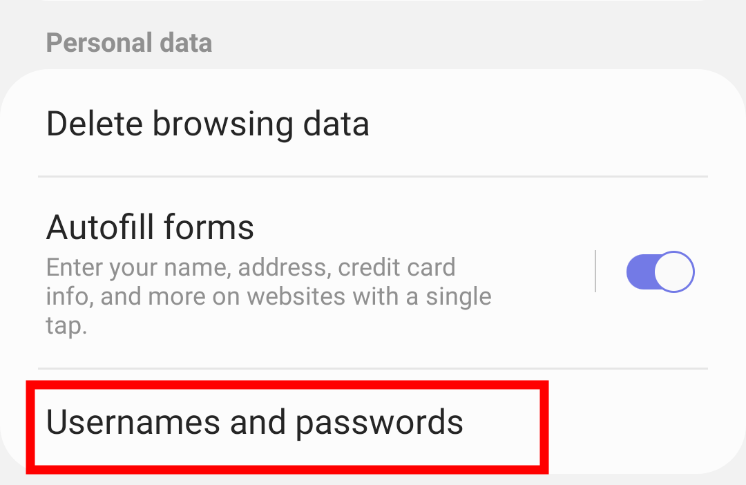 Username and passwords data in Samsung Internet