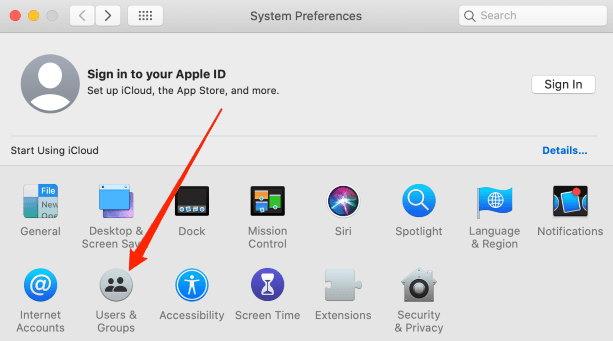 Users and Group tab menu in System Preferences Mac