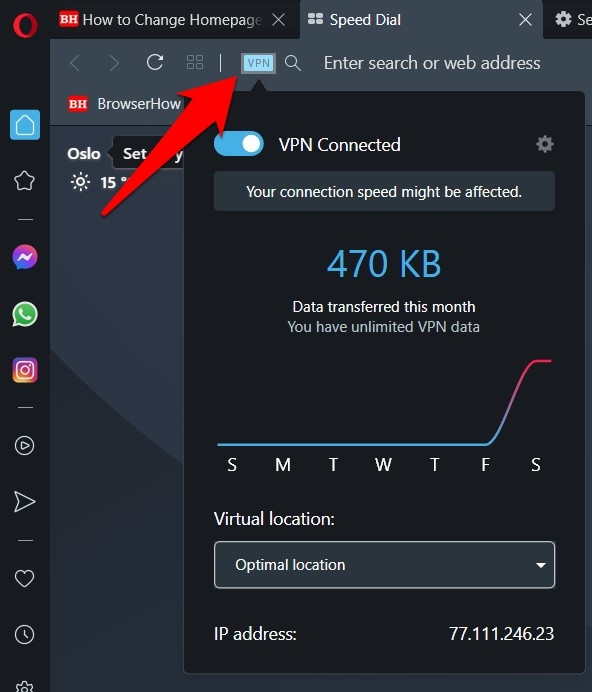 VPN connection in Opera in address bar
