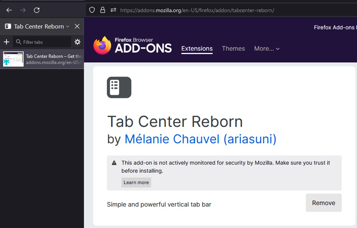 Vertical Tabs Center Reborn Visible in Firefox Sidebar