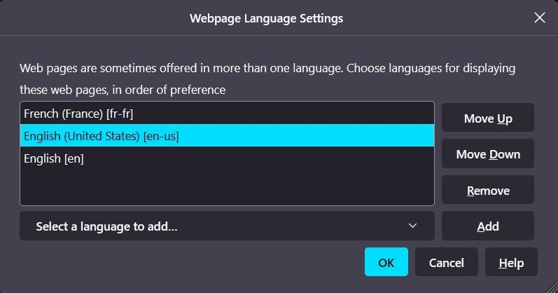 Webpage Language Settings in Mozilla Firefox browser