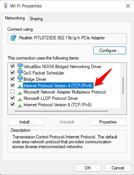 Wifi Properties window with Internet Protocol Version 4 option