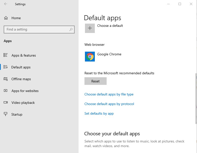 Windows 10 Default Apps settings window