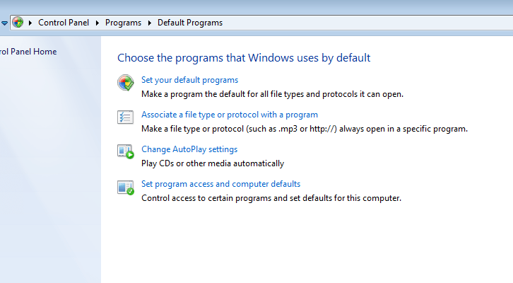 Windows 7 OS Default Programs settings window