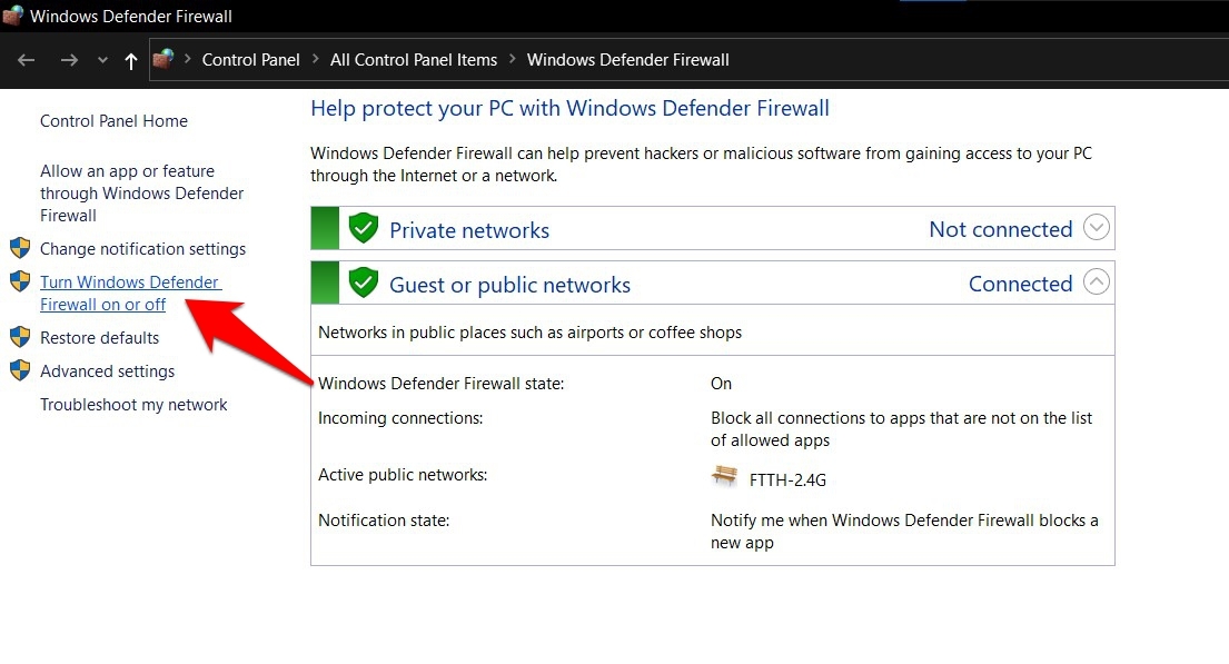 Windows Defender Options Settings in Windows OS