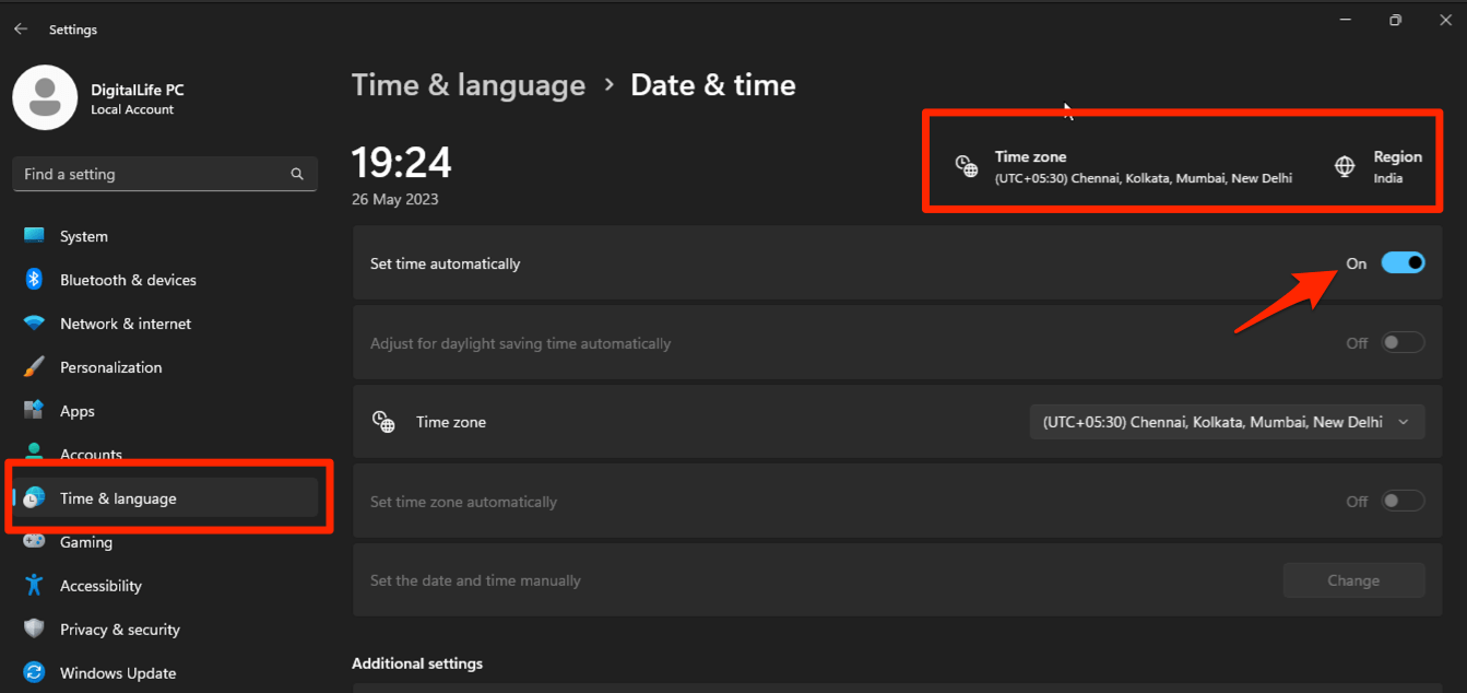 Windows 11 Time and Language Settings to set time automatically