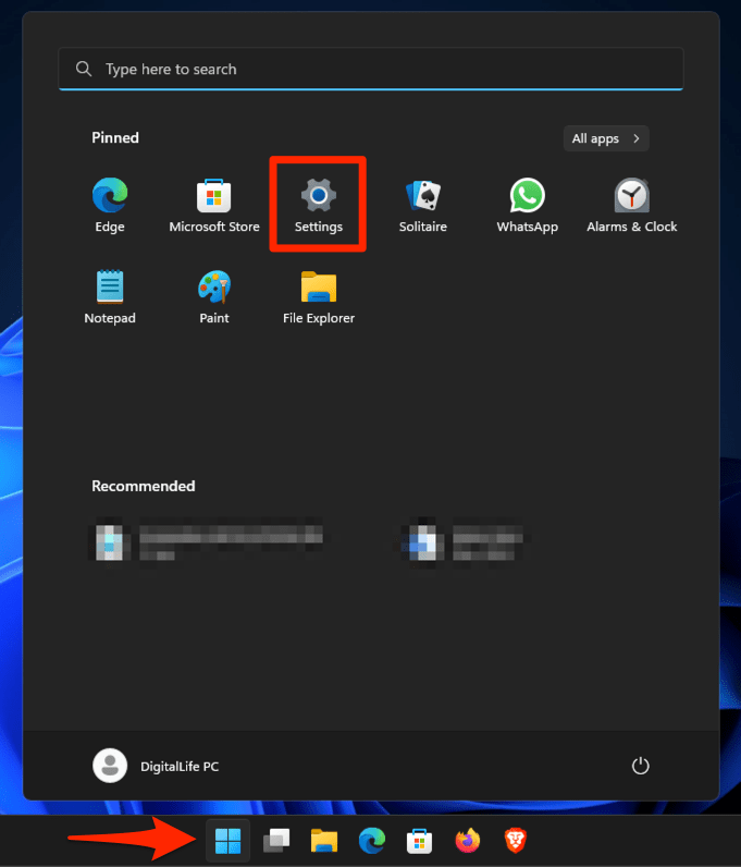 Windows OS Settings option under Start menu