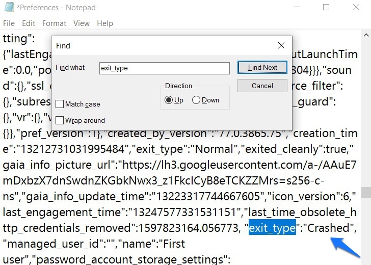 chrome preferences file exit_type normal