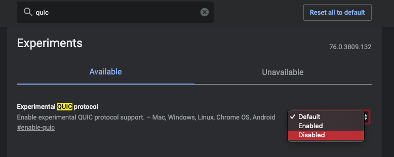 chrome://flags disable QUIC protocol