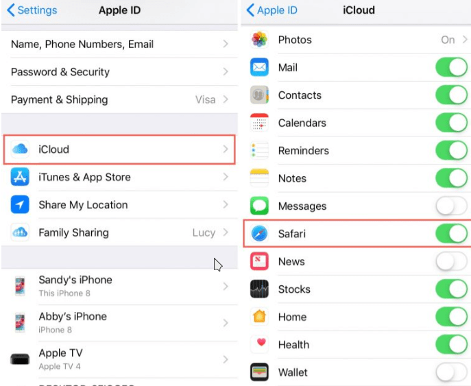 iCloud Safari Enable Sync in iPhone iOS