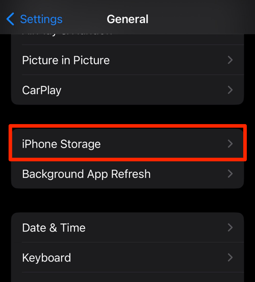 iPhone Storage Settings menu