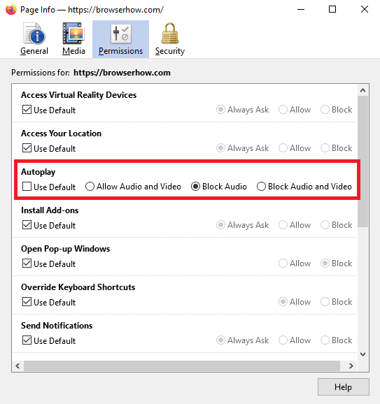 how to block sound access for single website in Firefox using page info window
