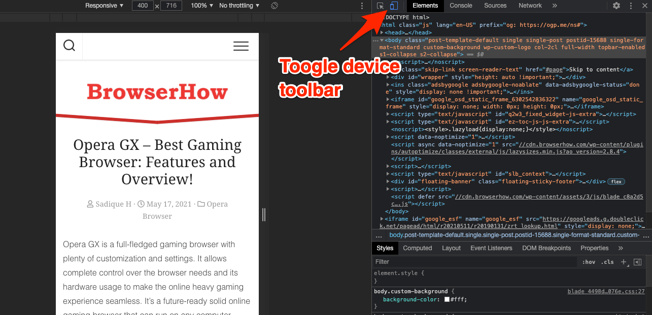 toggle device toolbar in Opera developer console or mode